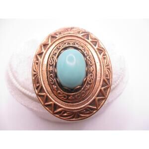 vintage oval copper faux turquoise (plastic) geometric brooch pin 0306